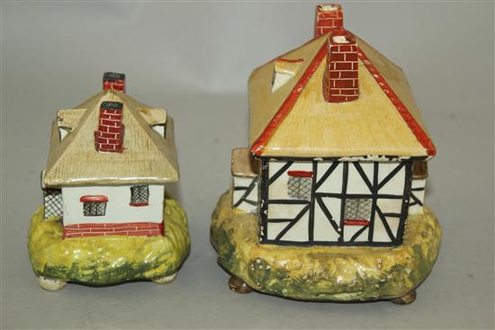 Two Staffordshire pearlware cottage pastille burners and covers, c.1820, height 8.5 - 11.5cm, largest with repairs